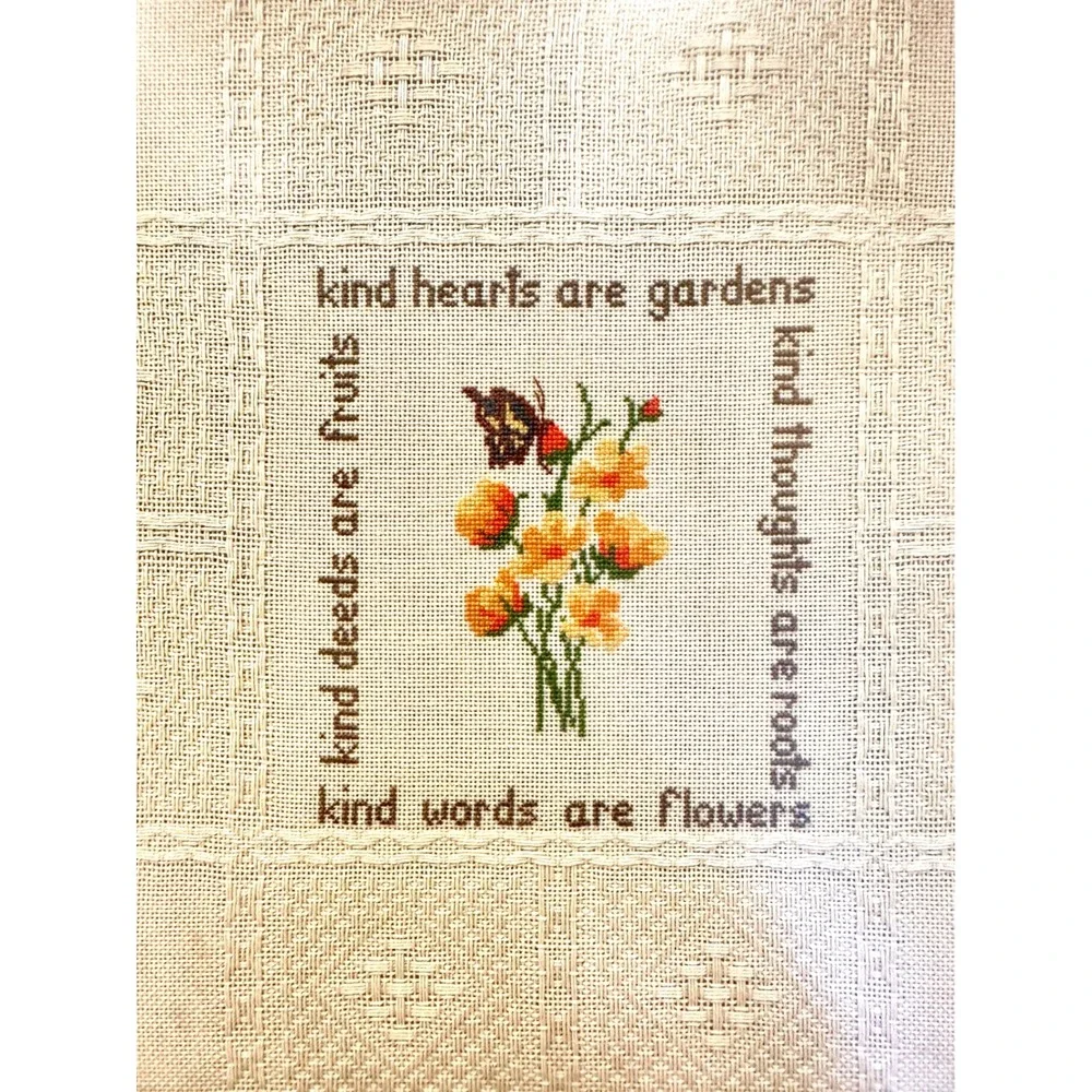 Vintage 70s Kind Hearts Are Gardens Framed Cross Stitch Embroidery Wall Art 11
